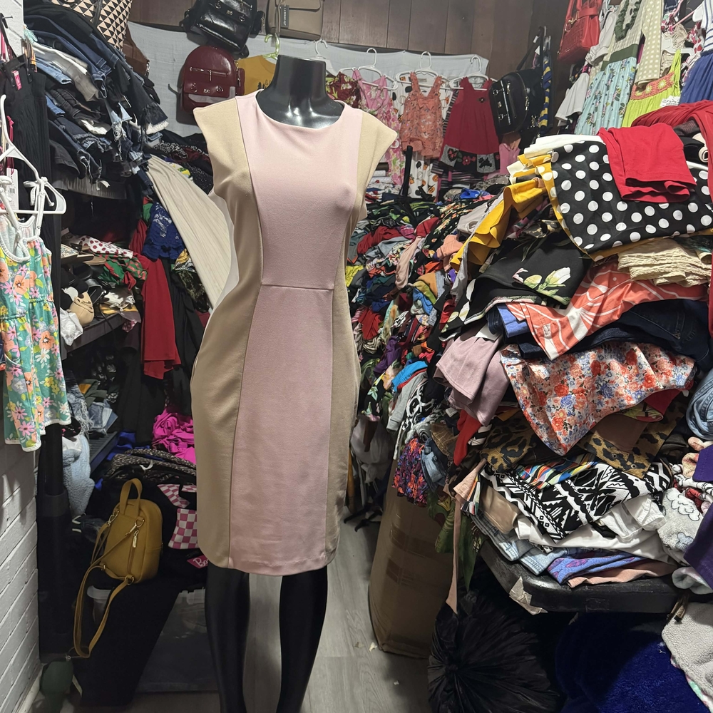 Shelby & Palmer Pink and Beige Colorblock Ponte Sheath Dress